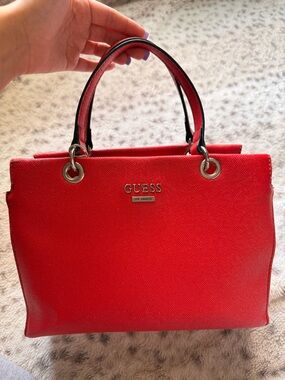 GUESS Red Structured Satchel with Double Top Handles
